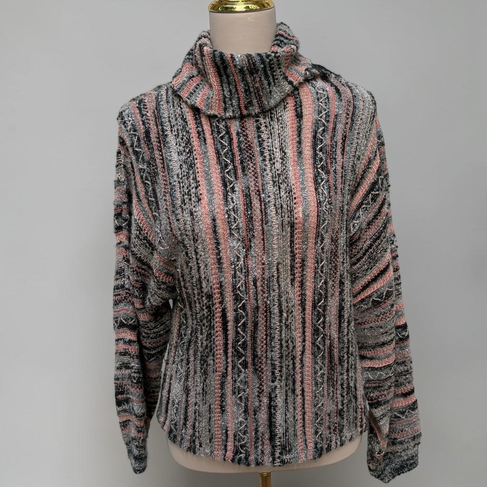 Knox Rose Turtleneck Sweater S Pink Grey Boho Striped Textured Knit Cozy Relaxed
